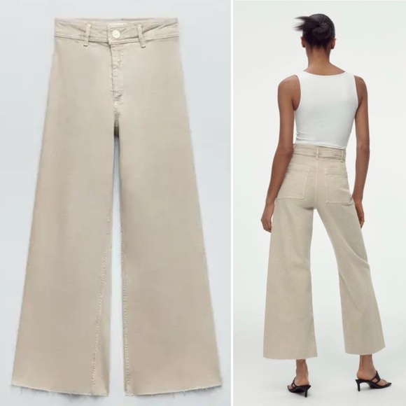 Zara The Marine Wide Leg Jeans 8 Tan Denim Stretch Casual High Rise Minimalist - Picture 5 of 12